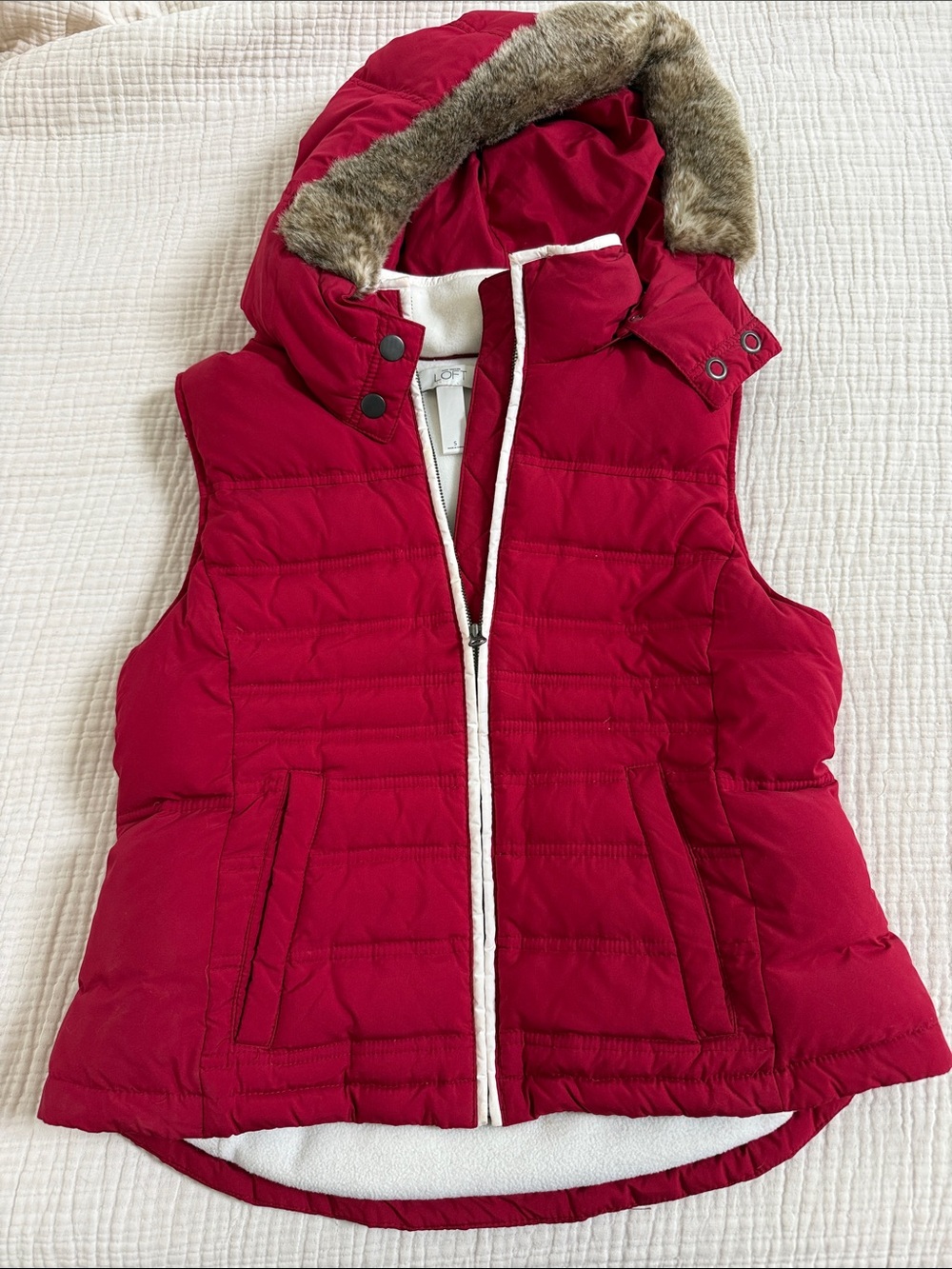 Ann Taylor LOFT Hooded Puffer Vest with Faux Fur Trim